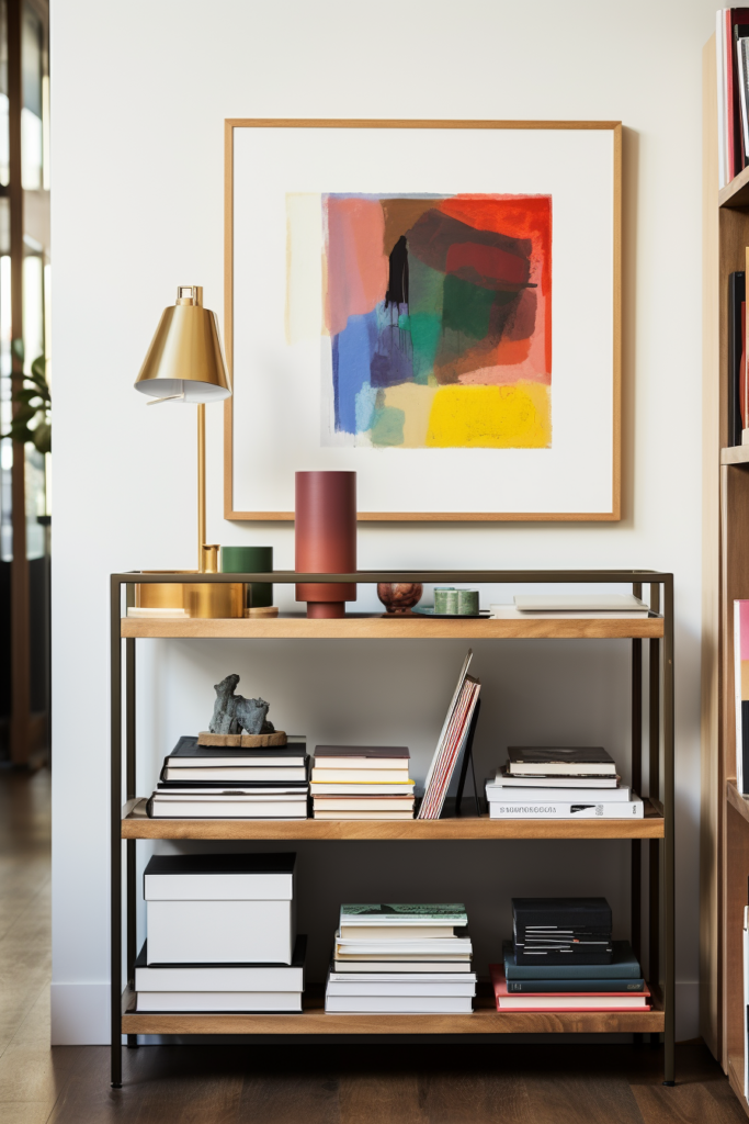 A modern minimalist living room with a shelf featuring books, a lamp, and a painting.