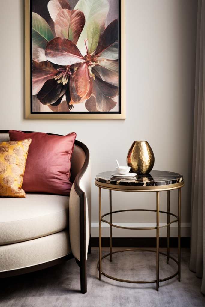 An elegant living room with a gold table and a framed painting.