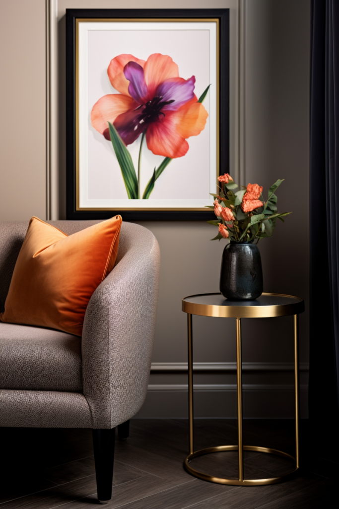 A minimalist living room adorned with a streamlined, elegant framed painting of a flower.