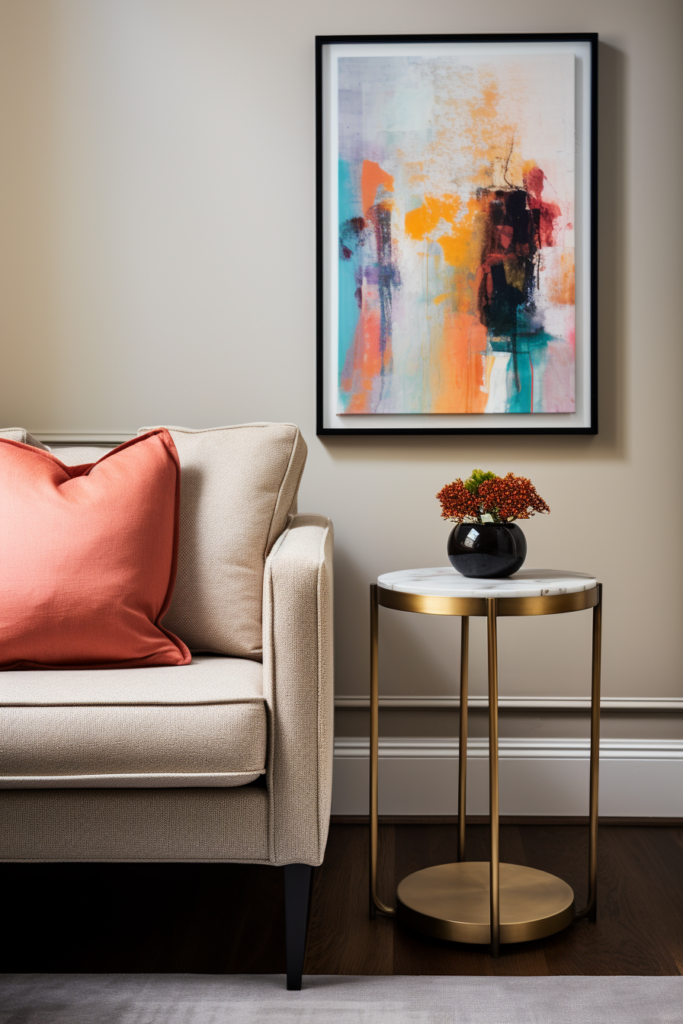 A modern minimalist painting hangs above a couch in a living room.