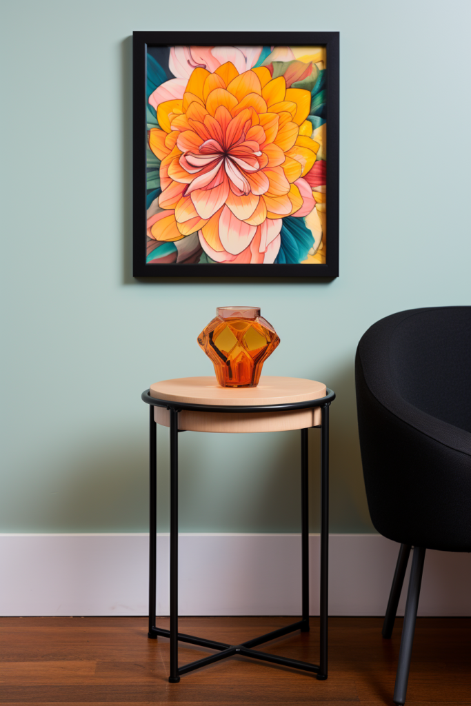 A modern minimalist framed painting of a flower hanging on a wall.