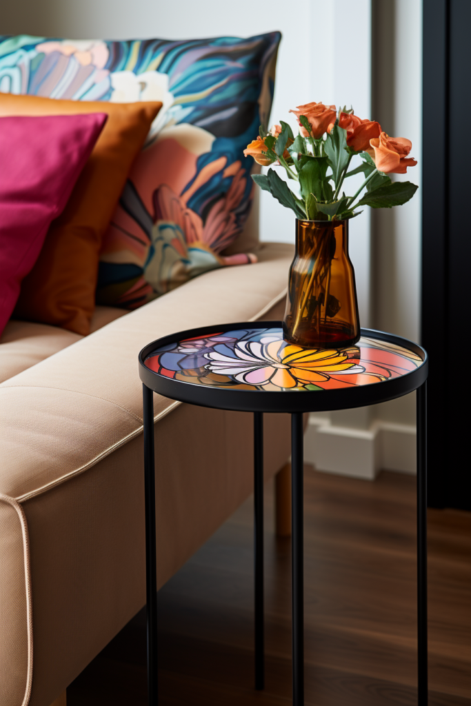 A modern side table with a minimalist flower arrangement on it.