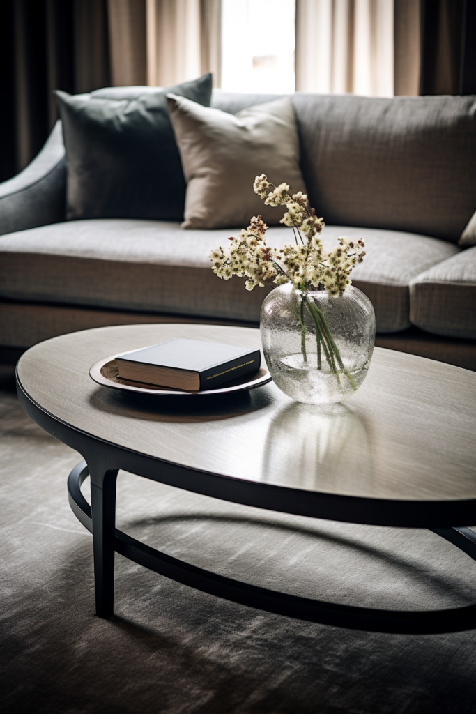 An elegant coffee table in a modern minimalist living room with a vase of flowers.