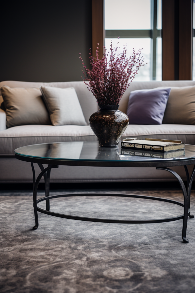 A minimalist glass coffee table in a modern living room.