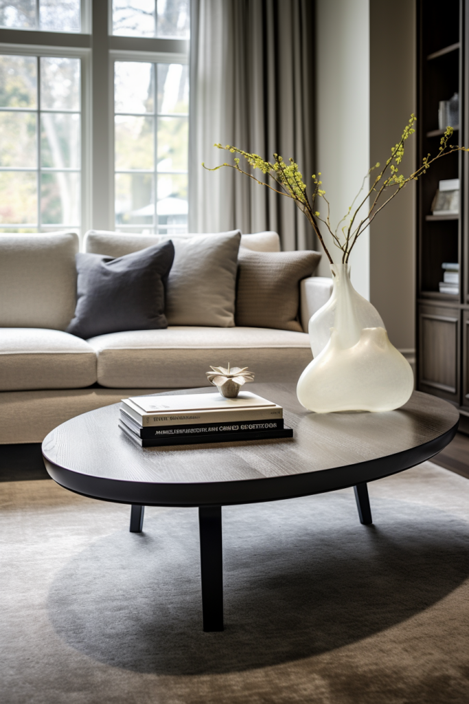 A minimalist contemporary coffee table in a streamlined living room.