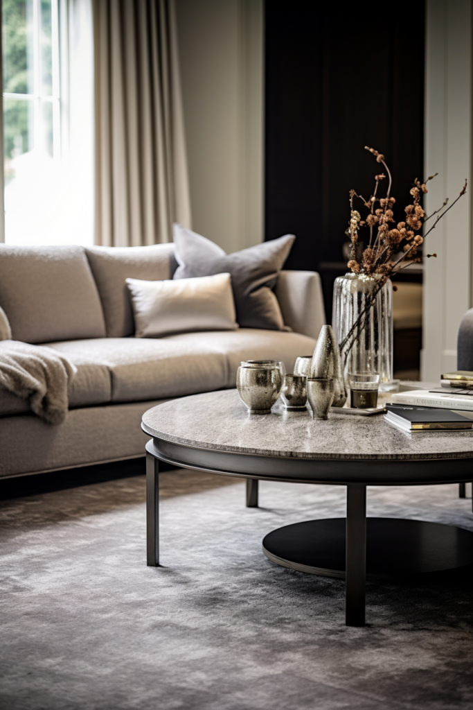 A streamlined and modern coffee table brings a touch of serenity to the clean and elegant living room space.