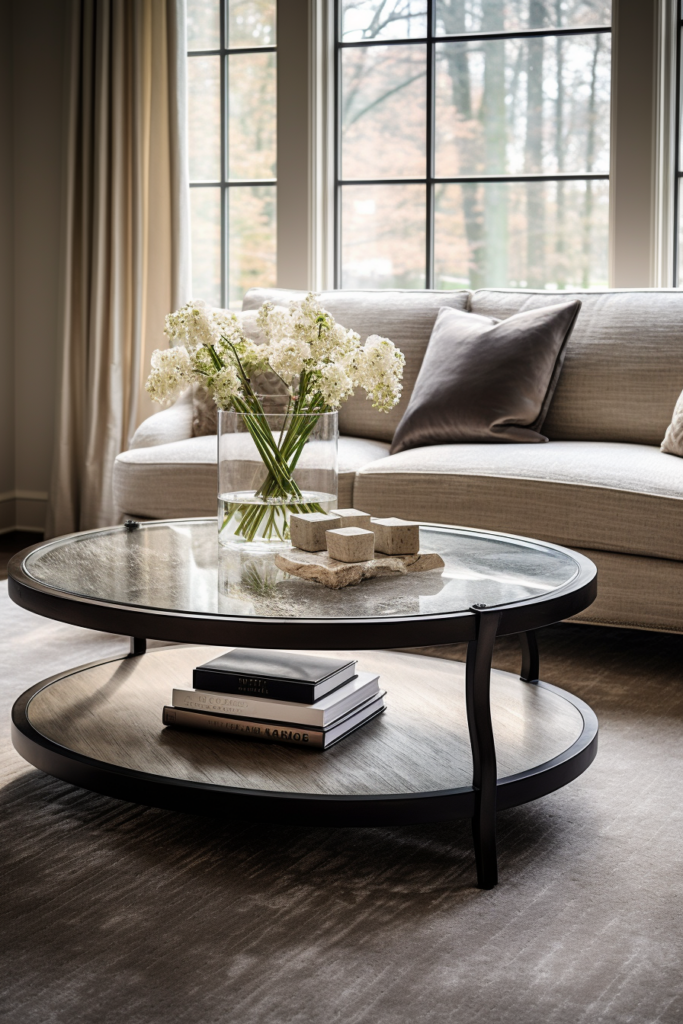An elegant glass coffee table in a modern minimalist living room.