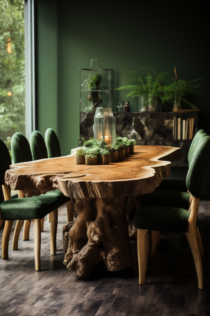An elegant dining room with green chairs and a wooden table.