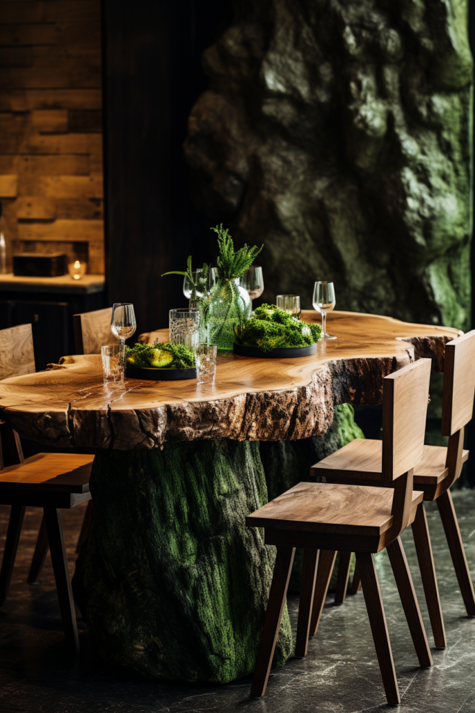 A streamlined and modern dining table made from a tree stump, perfect for minimalist living room ideas.