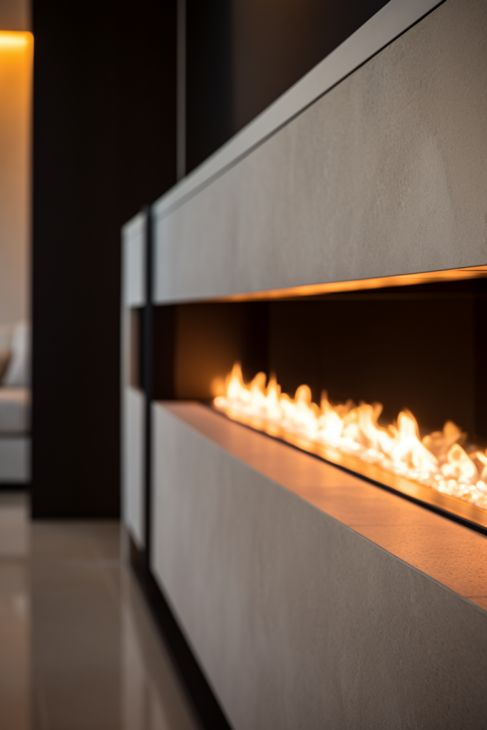 A modern and minimalist fireplace in a living room.
