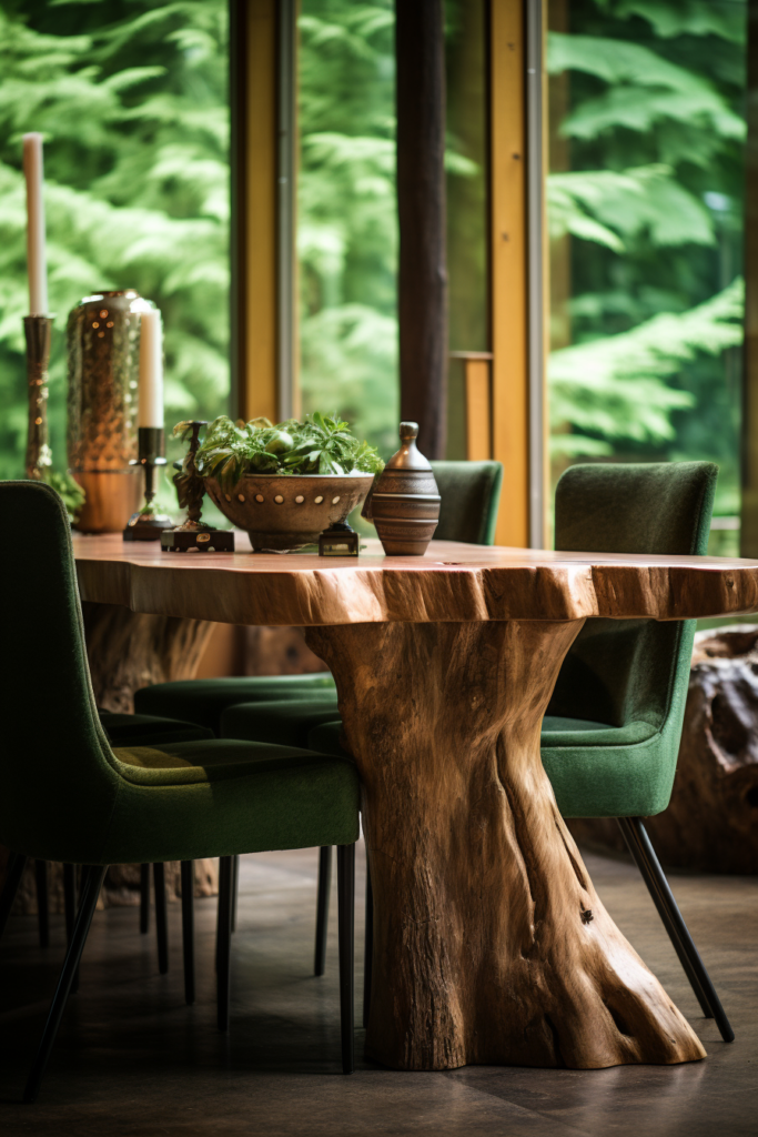 A modern dining room with elegant green chairs and a tree in the background.