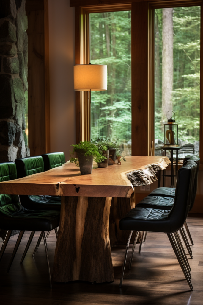 A streamlined dining room with a wooden table and chairs.
