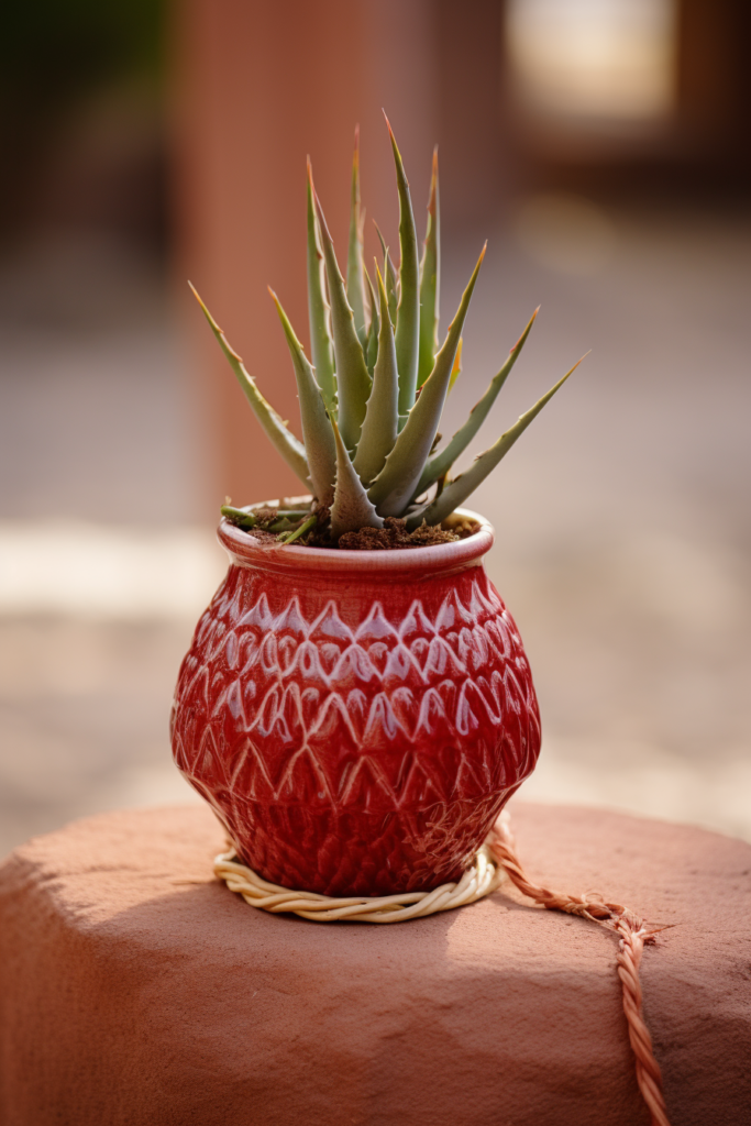 A clean and elegant red pot containing a beautiful aloe plant.