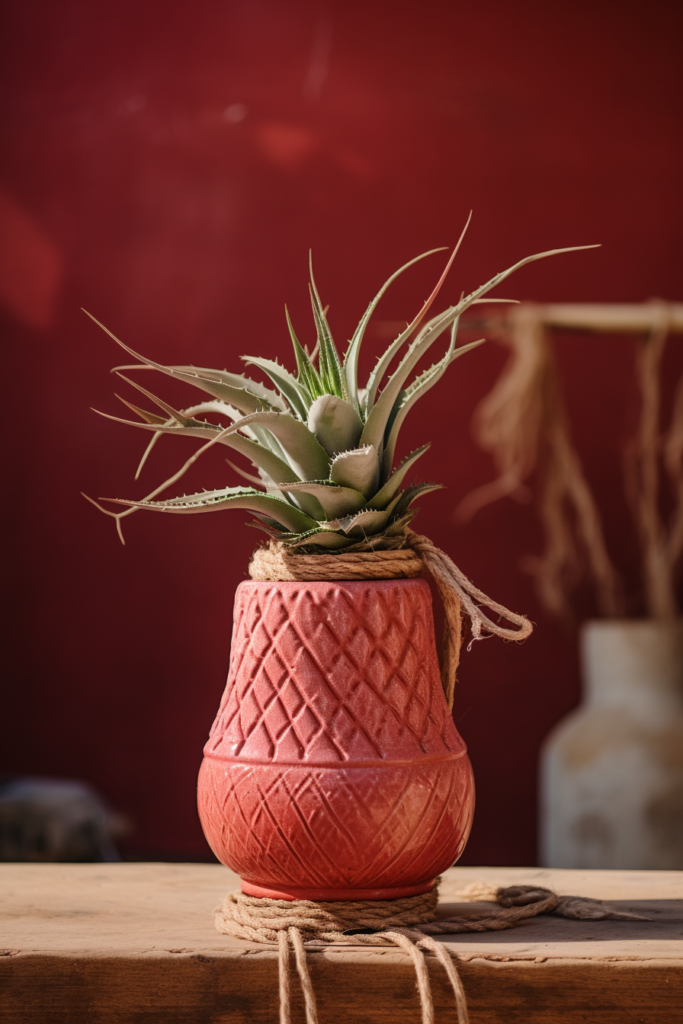 A minimalist air plant in a red pot, placed on a wooden table in a living room.