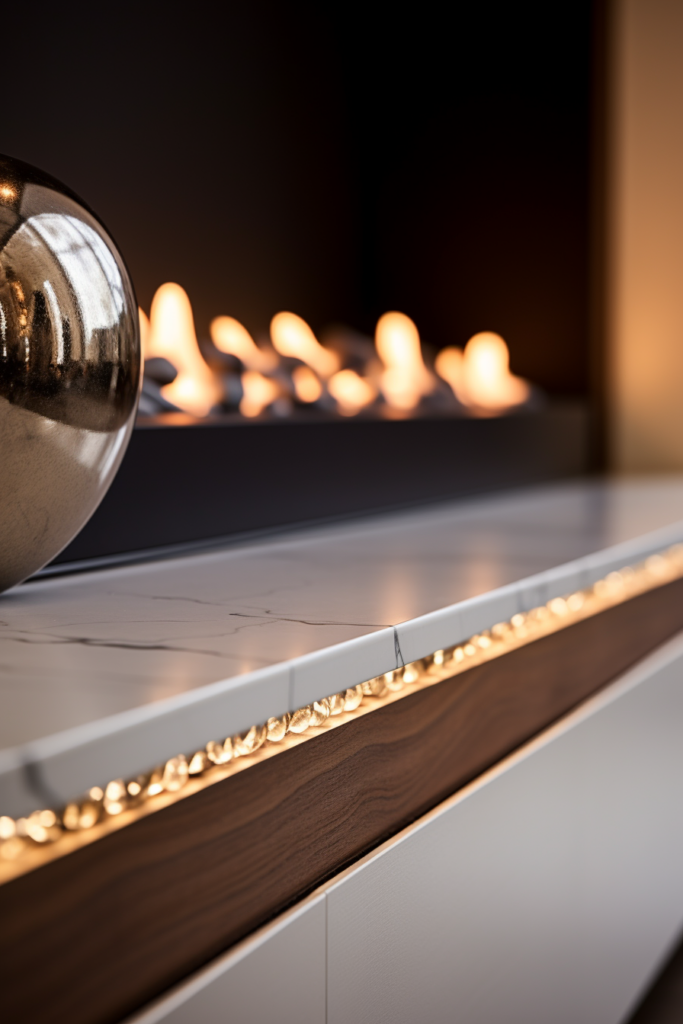 A modern minimalist fireplace with a ball atop, providing streamlined aesthetics to contemporary living room ideas.