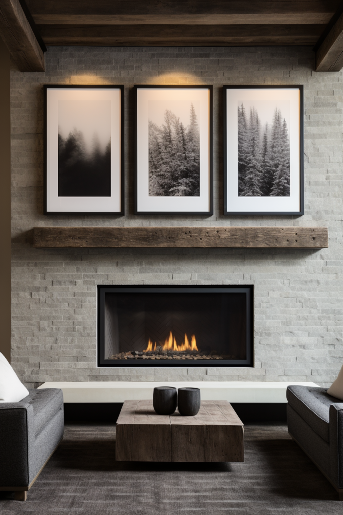 A Modern Minimalist living room with a fireplace and two framed pictures.