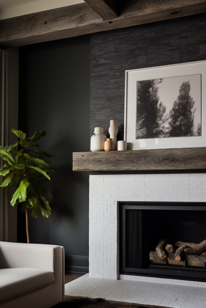 A modern living room with a clean white fireplace and black mantel.