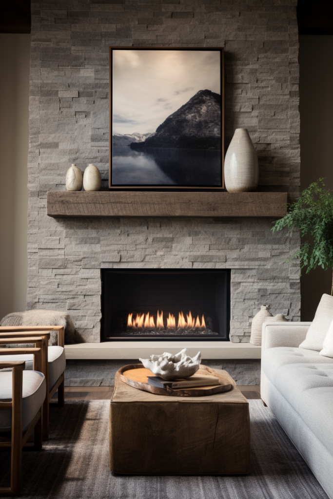A streamlined living room with a stone fireplace, exuding serenity and minimalist elegance.