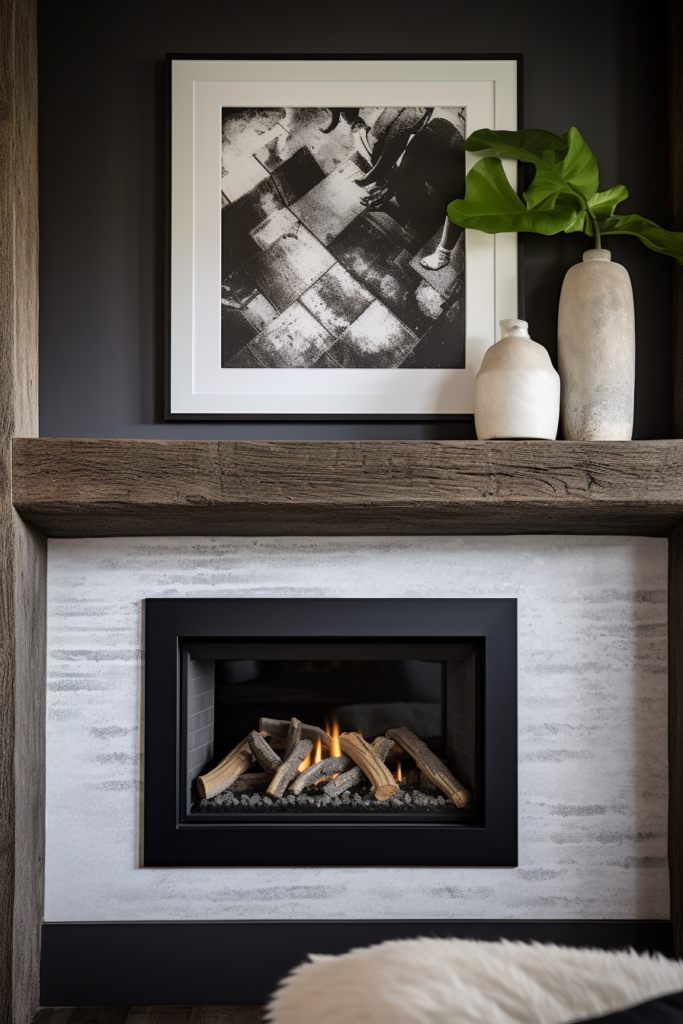 A clean and streamlined fireplace in a minimalist living room with a picture above it.