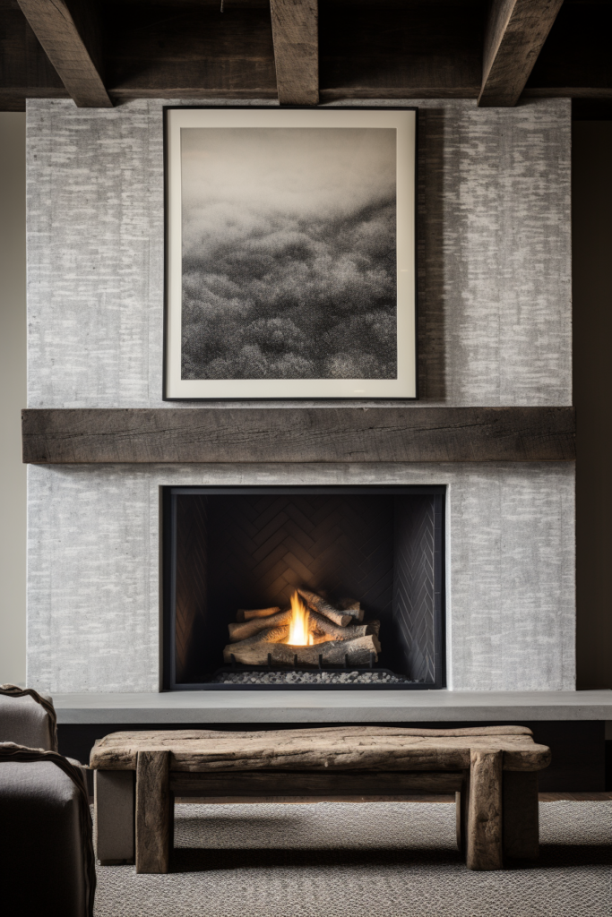 A modern minimalist living room with a streamlined fireplace and a picture above it.