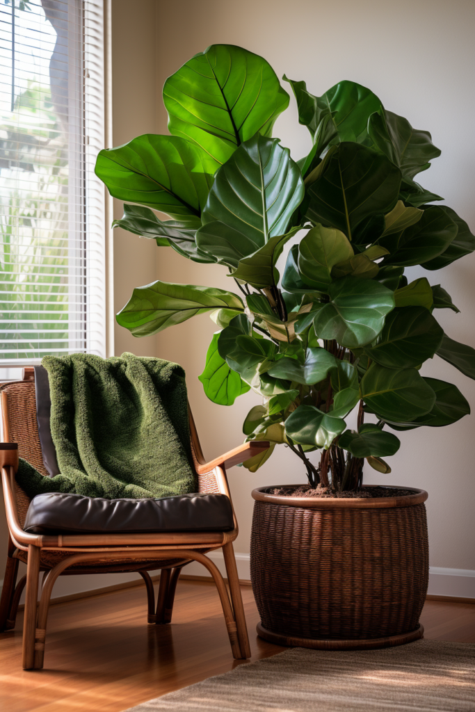 A modern minimalist living room with a large potted plant and a chair.