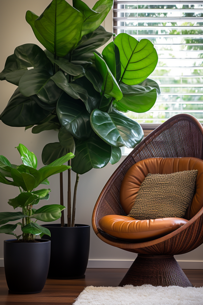 A streamlined chair in a minimalist room with a plant.