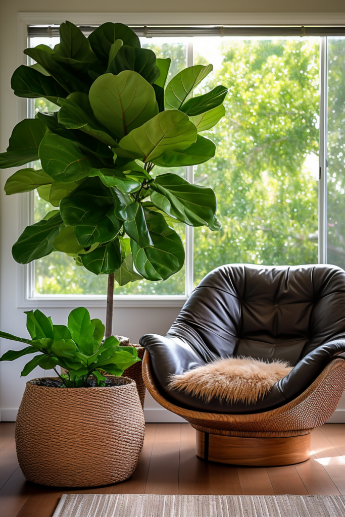 Modern fiddle leaf fig tree in front of a window, perfect for minimalist living room ideas.