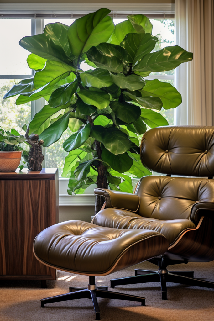 A clean, minimalist chair in a living room with a large plant in front of it.