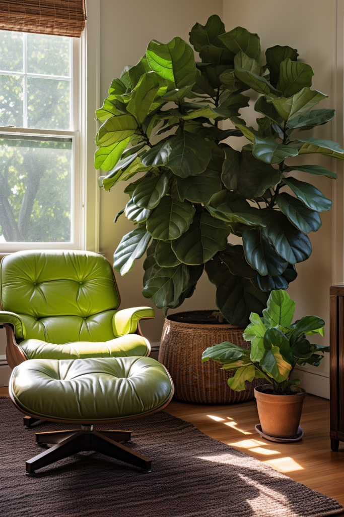 A modern living room with a minimalist design, featuring a chair and a large plant.