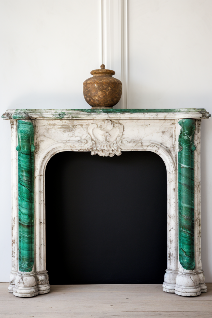A minimalist fireplace with a green marble mantle exuding serenity.