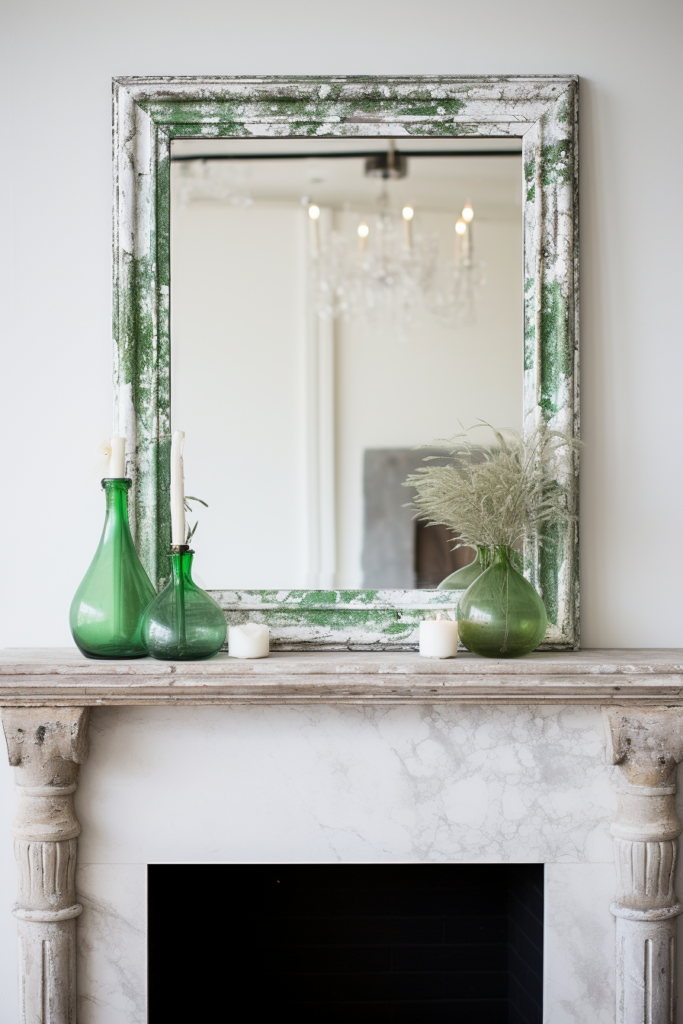 A  minimalist fireplace with green vases and a mirror.