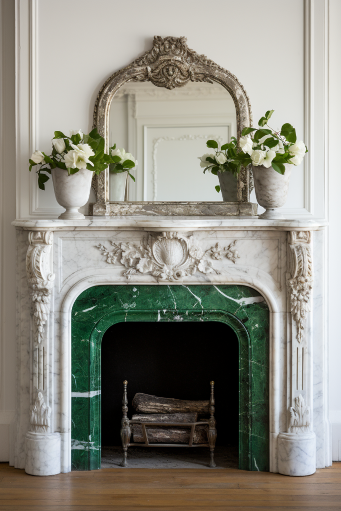 A fireplace with a streamlined green marble mantel and a mirror.