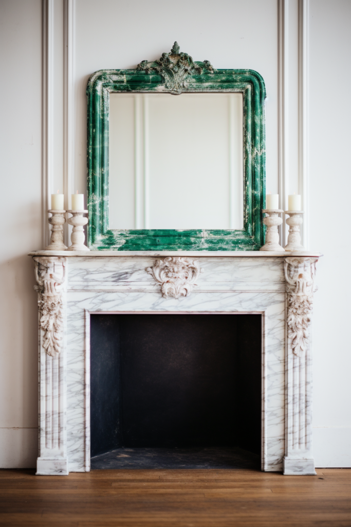 A green mirror adorns an ornate fireplace in an elegant and clean living room space.