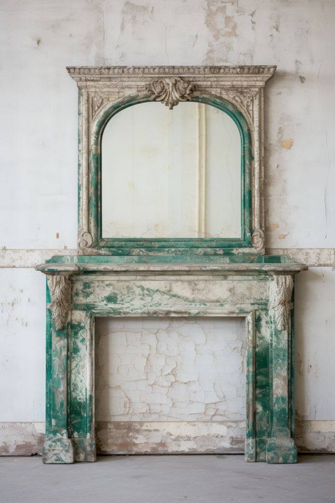 A minimalist fireplace mantel with a green painted mirror.