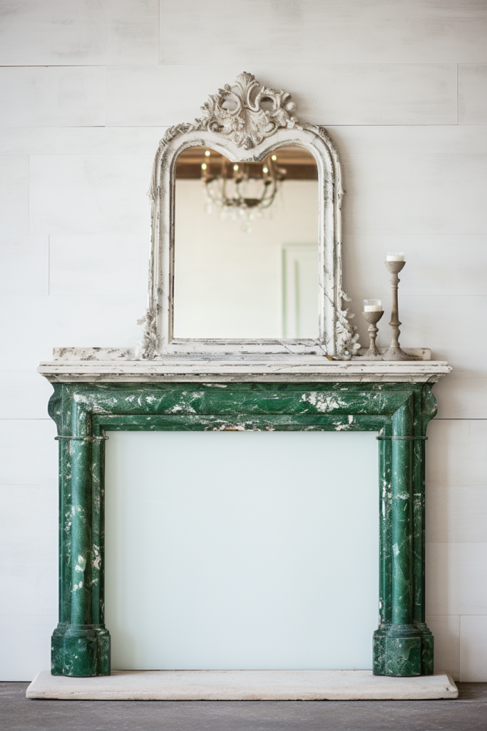 A modern minimalist green fireplace mantel with a mirror.