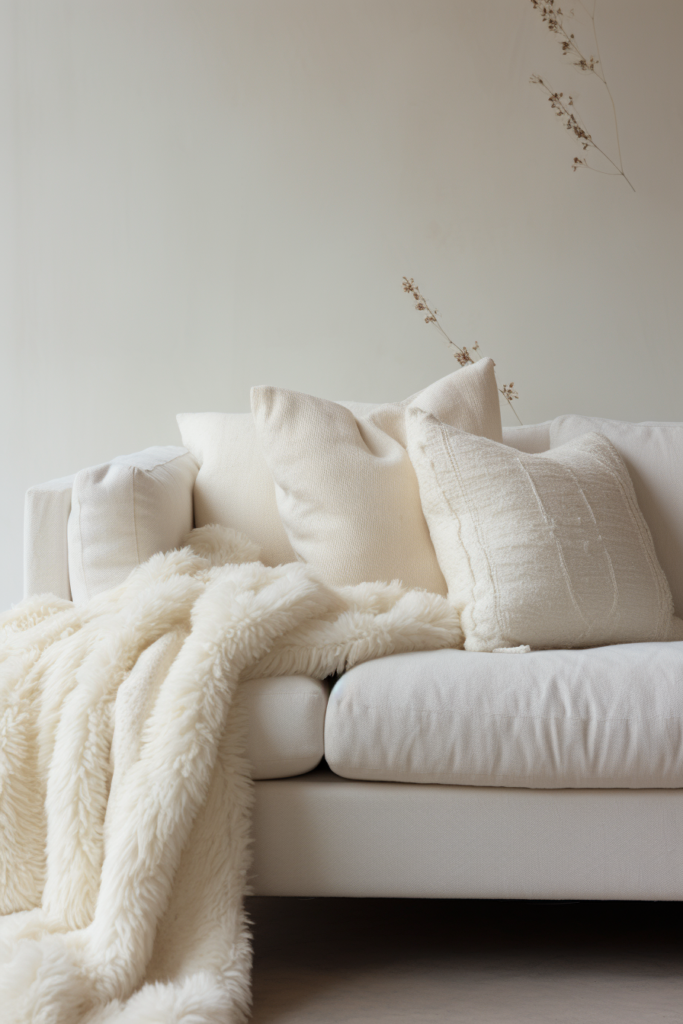 A modern minimalist living room with a white couch adorned with a clean and elegant white fur blanket.
