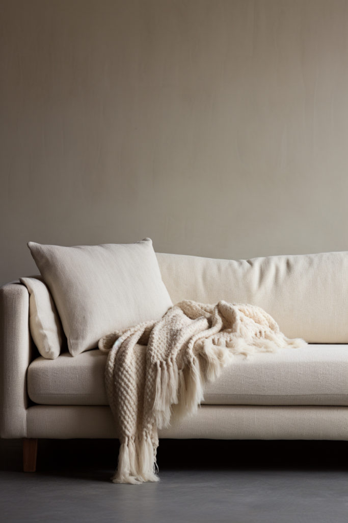 A minimalist white couch with a modern white blanket on it in a living room.