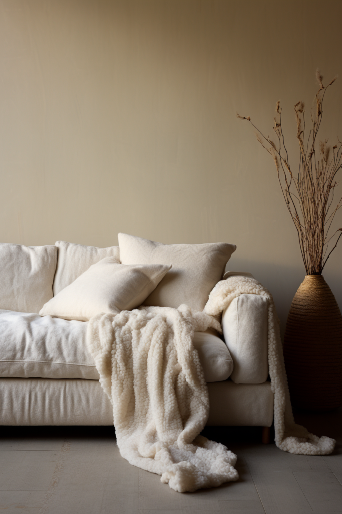 A minimalist living room idea featuring a white couch styled with a white throw blanket.