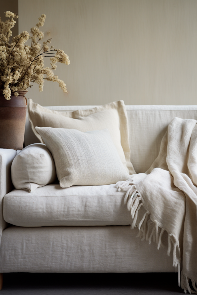 A modern white couch with a minimalist touch, adorned by a white throw blanket.
