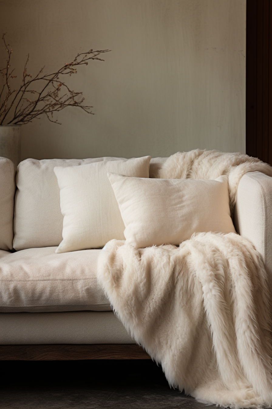 A modern white couch with a minimalist touch, adorned with a soft white fur blanket.