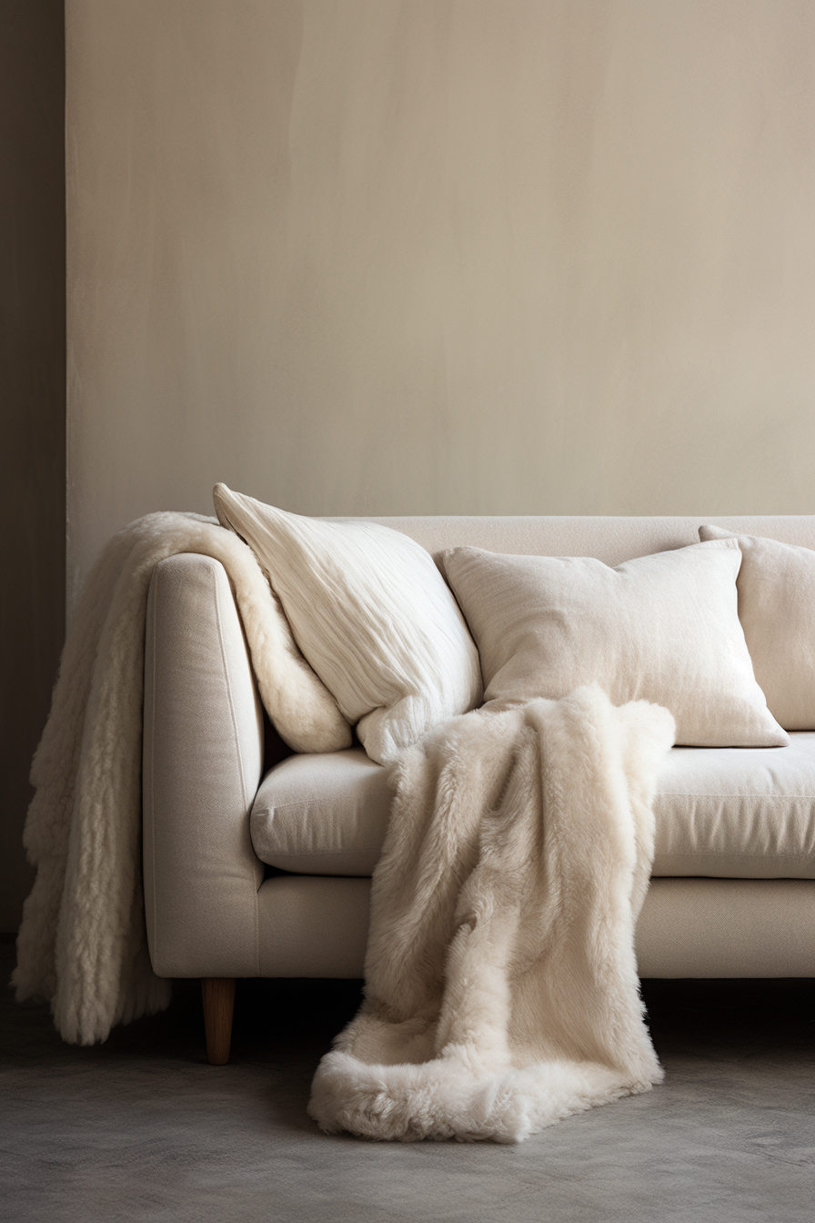 An elegant white couch with a clean white blanket on it.