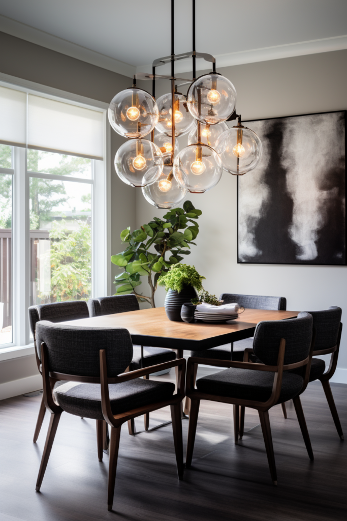 A modern dining room with a minimalist design, featuring a glass chandelier.