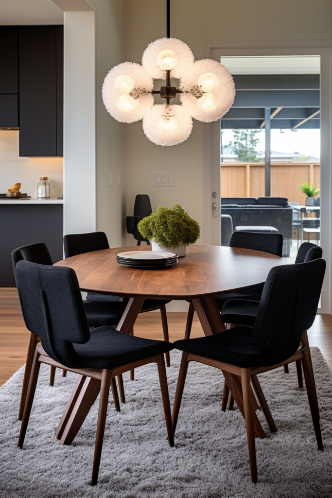 An elegant dining room with a modern black table and chairs.