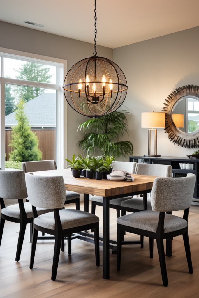 A streamlined dining room with a large table and chairs.