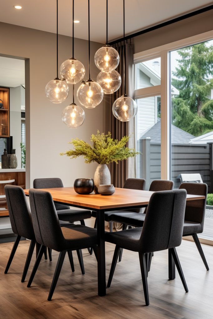 A modern dining room with a streamlined wooden table and chairs, ideal for those seeking modern minimalist living room ideas.
