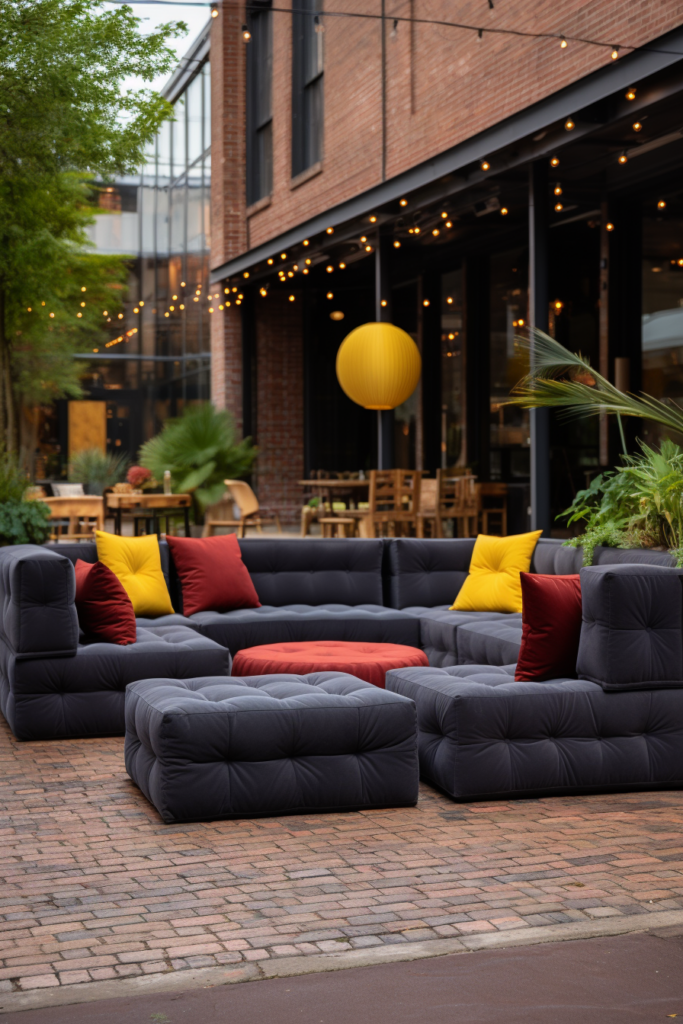 A modern brick patio with a minimalist sectional couch.
