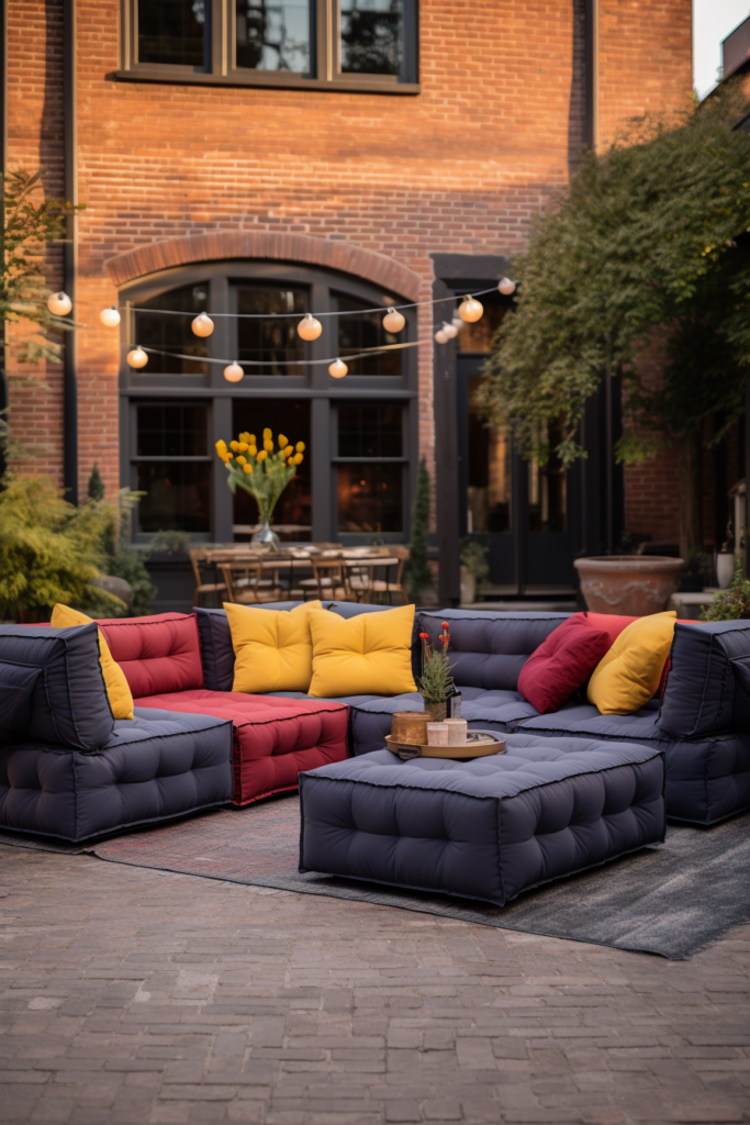 A modern outdoor sectional with colorful pillows.