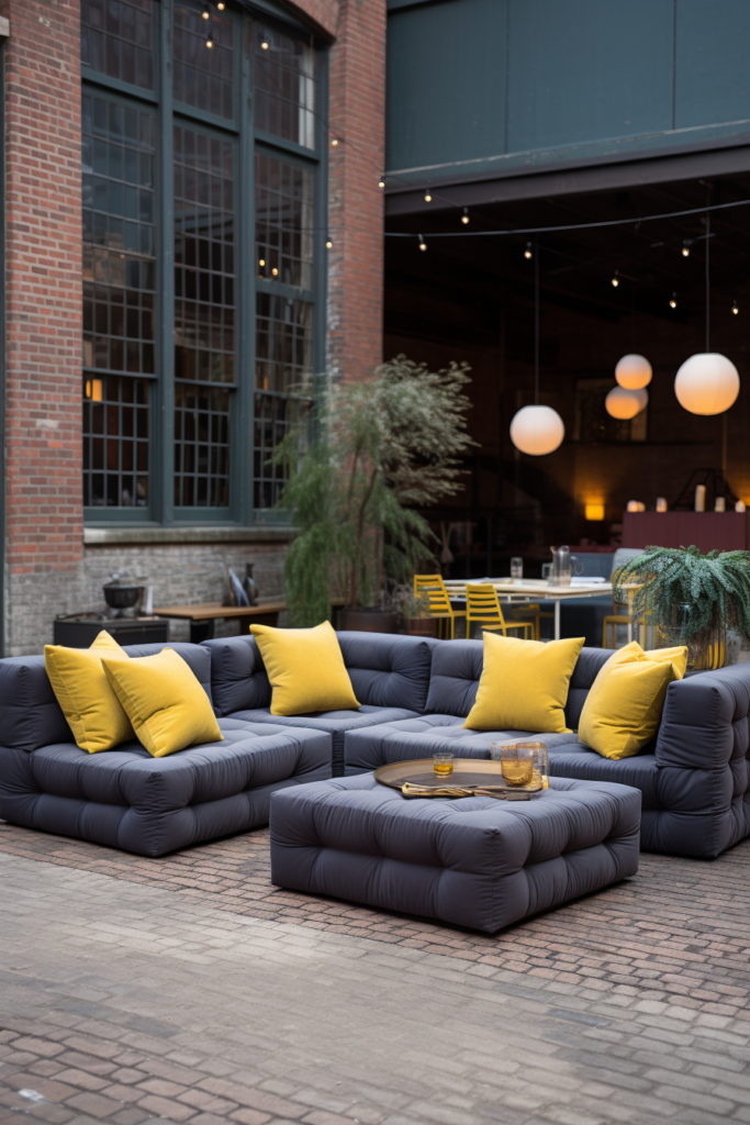 An elegant grey sectional sofa with yellow pillows in front of a minimalist brick building.