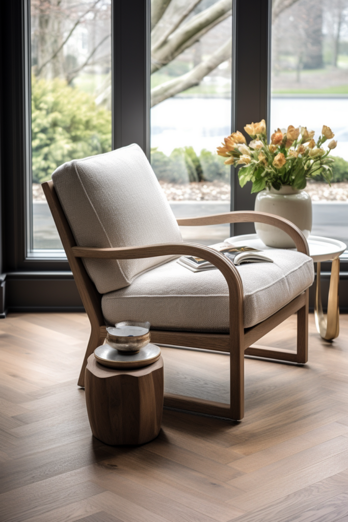 An elegant wooden chair in front of a streamlined window.