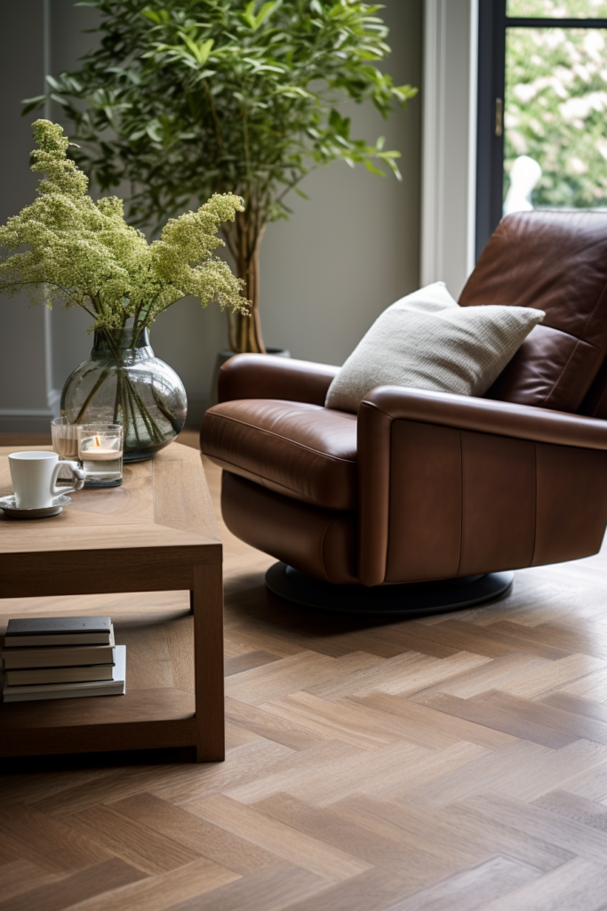 A minimalist living room with a leather chair and coffee table.